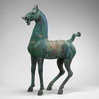 standing horse with legs slightly splayed outward; wide eyes; open mouth with exposed teeth; upward-pointed ears; green patina with white, blue and red pigment traces. Original from the Minneapolis Institute of Art.