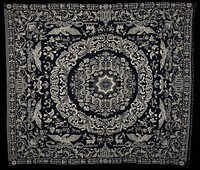 jacquard woven; blue and white; central medallion surrounded by foliage and curvalinear forms; deer, birds in trees, eagles and dome-topped buildings at edges. Original from the Minneapolis Institute of Art.