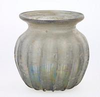 rounded body with vertical ribs from base to shoulder; outward-flaring rim; iridescent sheen. Original from the Minneapolis Institute of Art.