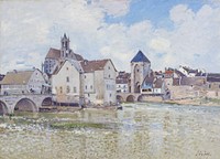 buildings and bridges with water in foreground; church left of center. Original from the Minneapolis Institute of Art.