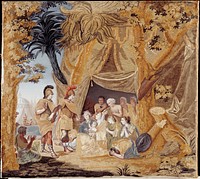 painting and embroidery on fabric; tan and gold tent at R; kneeling, crouching, supplicating figures emerging from tent; 2 soldiers with black and red plumes on their helmets at L. Original from the Minneapolis Institute of Art.