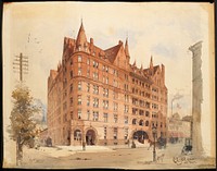 Red brick and stone building built by architect C.E. Joy, on a street corner; figures in front of building and on balconies at R; 2 carriages and dog in LRC; original frame. Original from the Minneapolis Institute of Art.