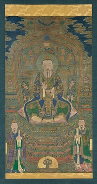 man with thin black mustache and beard seated on a throne; 2 standing male figures in lower corners; blue sky with clouds at top behind throne; central figure holds red pearl. Original from the Minneapolis Institute of Art.