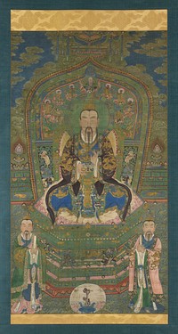 man with thin black mustache and beard seated on a throne; 2 standing male figures in lower corners; blue sky with clouds at top behind throne; central seated figure holds a gold vessel and wears purple robe with gold dragons. Original from the Minneapolis Institute of Art.