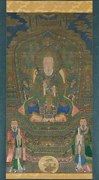 man with thin white mustache and beard seated on a throne; 2 standing male figures in lower corners; blue sky with clouds at top behind throne; central figure wears a green robe with gold dragons and holds a green scepter. Original from the Minneapolis Institute of Art.