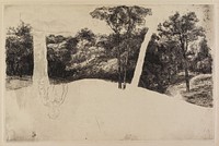 light, upside-down image of standing man at L; sketchy trees in background; light shading in foreground at bottom. Original from the Minneapolis Institute of Art.