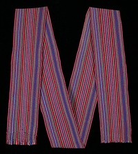 Striped sash with 4 selvedge ends; purple, green, blue warp stripes, all of them with small white warp stripes simulating a checkerboard effect; multicolored stripes are intercepted with red stripes.. Original from the Minneapolis Institute of Art.