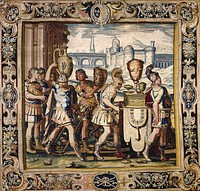 a piece from the Cycle of Tapestries woven for Marie de' Medici, The Stories of Queen Artemisia, based on an epic account by Nicolas Houel; woven in the Faubourg Saint-Marcel manufactory of Marc de Comaus and Frauçois de la Planche between 1611 and 1627; warp undyed wool, 7-8½ ends per cm., weft dyed wool and silk, 28-36 ends per cm.. Original from the Minneapolis Institute of Art.