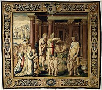 a piece form the cycle of tapestries woven for Marie de' Medici, The Stories of Queen Artemisia, based on an epic account by Nicolas Houel; woven in the Faubourg Saint-Marcel Manufactory of Marc de Comans and Frauçais de la Planche between 1611 and 1627; warp undyed wool, 6-7½ ends per cm., weft dyed wool and silk, 32-40 ends per cm.. Original from the Minneapolis Institute of Art.