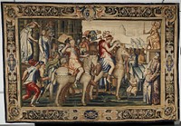 a piece form the tapestry cycle woven for Marie de' Medici, The Stories of Queen Artemisia, based on an epic account by Nicolas Houel; woven in the Faubourg Saint-Marcel Manufactory of Mark de Comans and François de la Planche, between 1611 nd 1627; warp undyed wool, 5½-7 ends per cm., weft dyed wool and silk, 28-40 ends per cm.. Original from the Minneapolis Institute of Art.