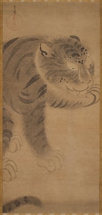 Seated tiger licking front PL paw; brown and gold brocade border. Original from the Minneapolis Institute of Art.
