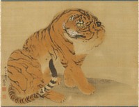 Seated tiger viewed from PR side; tail wrapped around right side of body; head turned to tiger's back, towards left; beige border, partly brocade. Original from the Minneapolis Institute of Art.
