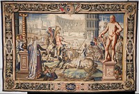 a piece from the tapestry cycle woven for Marie De' Medici, The Stories of Queen Artemisia, based on an epic account by Nicolas Houel; woven in the Faubourg Saint-Marcel Manufactory of Marc de Comans and François de la Planche between 1611 and 1627; warp undyed wool, 7-8 three fourths ends per cm., weft dyed wool and silk, 28-40 ends per cm.Proper left H.158 in. (13' 2"); center H.158-1/2 in. (13' 2-1/2"); proper right H.157-3/4 in. (131' 1-3/4"); bottom W. 237-1/2 (19'9-1/2"); center W.235-1/2 in. (19'7-1/2"); top W. 239 in. (19'11").. Original from the Minneapolis Institute of Art.