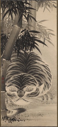 Sleeping tiger with bamboo at L and above; green and blue and gold borders. Original from the Minneapolis Institute of Art.