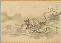 Tiger swimming with two cubs, one on back and one in water in front; reeds at left; blue and beige borders, blue is brocade. Original from the Minneapolis Institute of Art.