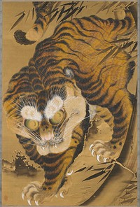 Tiger with large eyes and pronounced brows and whiskers; standing with lower body in LL and back of body in UR; claws outstretched; grey/blue border with bamboo pattern. Original from the Minneapolis Institute of Art.