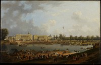 Place de la Concorde, seen from the left bank of the Seine. Shows the beginning of the first manned hydrogen balloon flight from the Tuileries Garden, Paris to Nesle, a distance of twenty seven miles.. Original from the Minneapolis Institute of Art.