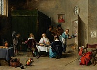 New Testament parable (Luke 15:11-32): A lively scene showing the Prodigal Son at supper with courtesans at an inn, accompanied by servants and musicians. The room, whose light source comes from a high leaded window on the left, is filled with many still-life details and rich symbolism. In the far left corner is a four-postered bed completely enclosed by velvet drapery. On the opposite side of the room through the open doorway, a thief is being chased by an angry woman, while another figure in a second-story window empties a chamber pot onto his head. Just inside the doorway, hanging on the wall, is a wooden board used for recording the guest's food and wine bill. Having placed his red velvet cloak, plumed cavalier's hat, fur piece and sword on a nearby chair, the Son sits at the round dining table and holds out his glass for a serving boy to fill. On the right, a serving woman carrying a covered pewter platter exchanges a word with the woman whose back is toward us, while a small dog wags his tail in anticipation of receiving the table scraps. A fiddler and a flutist stand behind the table, merrily playing their instruments. On another cloth-covered table in the left foreground are a pitcher, two glasses, and several loaves of crusty bread. On the floor below is a copper wine cooler containing several bottles of wine. Nearby, a monkey, dressed in a striped coat and wearing a ball and chain, munches on an apple.. Original from the Minneapolis Institute of Art.