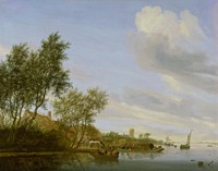 Dutch landscape. Golden Age of Holland. A wide river with various river craft, which stretches across the width of the canvas and flows to meet the horizon. In the far right distance, a village can be seen through a gentle mist, while on the wooded bank to the left, a cart filled with singing and shouting peasants stands before a row of cottages. As they wave to the boatload of passengers approaching the shore, a ferryboat loaded with cattle pushes off. Further upstream, a boat in full sail carries its passengers toward the distant hamlet with its church steeple.. Original from the Minneapolis Institute of Art.