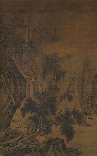 scholar and attendant in LL corner on a riverbank looking at a waterfall at L; rocky landscape; scattered trees with gnarled trunks. Original from the Minneapolis Institute of Art.