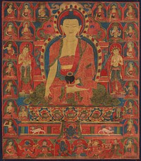 Shakyamuni seated on a throne, flanked by 2 Bodhisattvas and surrounded by 8 rows of seated deities and monks; red, gold, green and blue. Original from the Minneapolis Institute of Art.