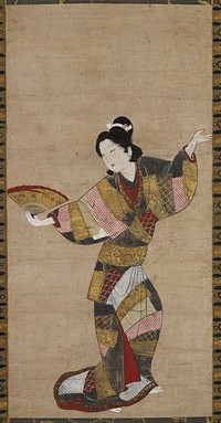 Single female figure dancing. She wears a colorful kimono with a design of colorful fabrics in red, black, gold, and light blue. She holds a gold and red folding fan in her right hand, while her left hand is raised. Original from the Minneapolis Institute of Art.