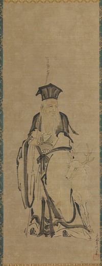 Central scroll of a triptych. Elderly man with long bamboo staff with white deer. Identifiable as Jurojin the god of longevity. Original from the Minneapolis Institute of Art.