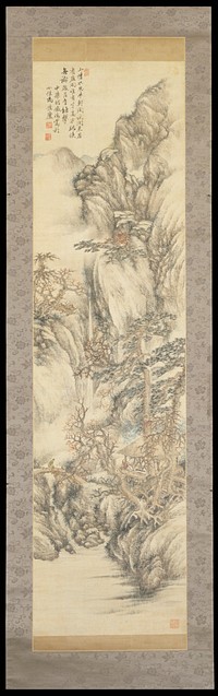 Water, foreground leads to a cholar crossing a bridge by a pavilion within which another scholar sits; pavilion surrounded by pine trees and bare leafed twisted trees; misty mountain towers over with waterfall and stream. Original from the Minneapolis Institute of Art.