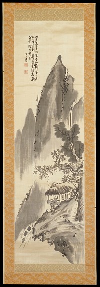 Dark ink wash landscape of a scholar in a hut on a mountainside overlooking a waterfall; tall spiky peaks dominate the distance; four line poem in Chinese running script at ULC. Original from the Minneapolis Institute of Art.