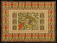 tan fabric with central printed design of stylized African native boy with tiger behind, umbrella at proper right and foliage around him; repeated border of stylized boys wearing green shorts and open orange jackets; printed in brown, green and orange. Original from the Minneapolis Institute of Art.