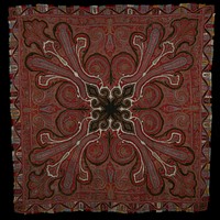 Square shawl, patchwork, of hand-loom woven pieces with inserted scrolls of black and white and river design in border. Field carries pattern of large cones and arabesques converging on the shaped central panel. Inner border has running flower and leaf design. Outer border embroidered. Fringed edges. #9 in Exhibition.. Original from the Minneapolis Institute of Art.