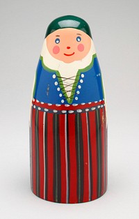 standing femal figure wearing green kerchief on head, white blouse, green and blue vest; long red, green, black and white striped apron and black skirt. Original from the Minneapolis Institute of Art.