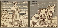 transfer design in brown, grey and cream of a shepherdess with a crook, holding a lamb and accompanied by a dog; "MARCH" in ULC; "31 days" in URC. Original from the Minneapolis Institute of Art.