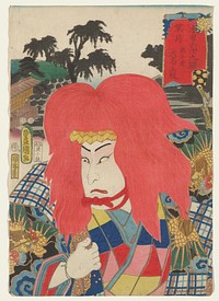 Portrait of man wearing bright red wig or headdress, tied with red cord under his chin; man wears garments with various patterns including white, blue and brown plaid, red, pink, blue and yellow squares, and fabric with gold dragons on black ground; landscape in background with trees and building at left; red cartouche with text, yellow flower and black lantern with yellow circles in URC. Original from the Minneapolis Institute of Art.