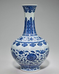 blue and white Imperial porcelain; globular body painted with six different flower heads on leafy scrolling branches including lotus, peony, chrysanthemum and camellia above a band of lappets and scrolls at the foot beneath a double rib; shoulder between two ribs with a floral scrolling branch above a ruyi head band with key-fret; leaf and a wave band on tall, flaring neck. Original from the Minneapolis Institute of Art.