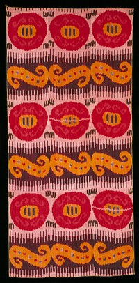 warp ikat panel, Uzbeck (Urban), 4 die pink, yellow, blue, purple, printed cotton backed with wool padding. Original from the Minneapolis Institute of Art.