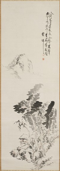 Simplified rendering of a scholar's waterside retreat beneath a grove of broad-leafed trees; faint image of a mountain peak emerges beyond a blank middle ground. Original from the Minneapolis Institute of Art.