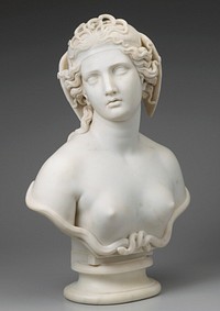 bust of a woman with a cluster of small snakes at the front of her head, wings at the side of her head; intertwined snakes below her breasts. Original from the Minneapolis Institute of Art.