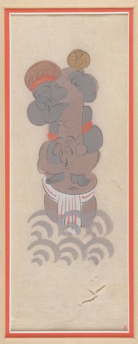 Grey-skinned man sitting on the shoulders of a standing man with elongated head; standing man's lower legs not delineated; stylized clouds at bottom. Original from the Minneapolis Institute of Art.