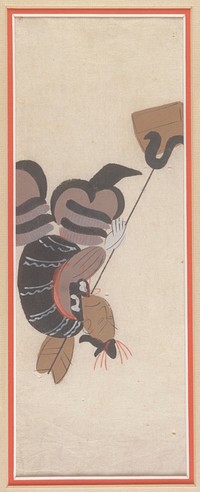 Scowling man holding a staff with a horseshoe shape at the end, touching a small tan box . Original from the Minneapolis Institute of Art.