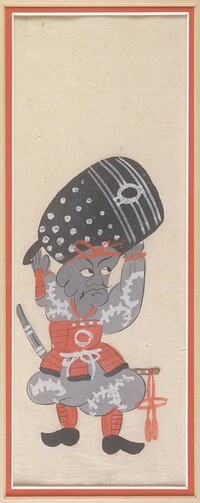 Grey-skinned man dressed in grey and white garment with red-orange vest holding a barrel-shaped black and white object above his head. Original from the Minneapolis Institute of Art.