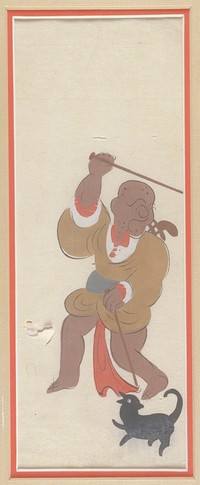 Bald man carrying two slender staffs staff in PL hand rests on ground, staff in PR hand held above head; black dog at feet. Original from the Minneapolis Institute of Art.