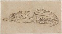 tiger lying down with eyes open by Eugène Delacroix. Original from the Minneapolis Institute of Art.