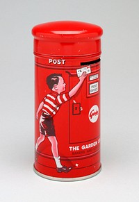 red cylinder, printed with little boy dropping a letter in a mail slot; dog at right; "POST OFFICE" flanking coin slot. Original from the Minneapolis Institute of Art.