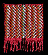 Red ground with fine black and white warp ikat stripes, intercepted by two fine white stripes; supplementary weft patterning in green, orange and white rayon arrows; macramé at fringe.. Original from the Minneapolis Institute of Art.