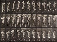 Descending stairs, throwing handkerchief over shoulders. From a portfolio of 83 collotypes, 1887, by Edweard Muybridge; part of 781 plates published under the auspices of the University of Pennsylvania. Original from the Minneapolis Institute of Art.