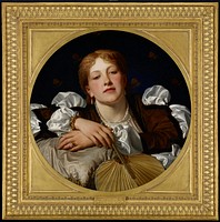 head, shoulders and arms of a woman with blonde wavy hair, leaning on a white cushion; woman wears brown, black and white dress, gold chain bracelet, pearl earrings, gold and pearl rings and holds a fan. Original from the Minneapolis Institute of Art.