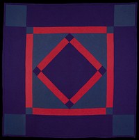 central diamond pattern; purple borders with blue corner blocks and feather wreath quilting; narrower inner border of pinkish-red with blue corner blocks and pinwheel and stacked triangles; inner diamond of purple with eight-pointed quilted star bordered with another pinkish-red band with purple corners quilted with pinwheels and stacked triangles; blue triangles at sides of inner diamond with quilting of roses at one end and tulips at other end; purple wool edge binding; cotton cloth on back with red clover and dot print on black-red ground. Original from the Minneapolis Institute of Art.