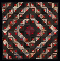 blocks arranged in Barn Raising pattern; block centers of red wool; strips in variety of solid colors and prints; blue edge binding; back is black and white small floral print on grey ground. Original from the Minneapolis Institute of Art.