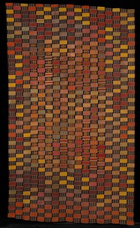 woven strips sewn together in roughly checkered design; blue and white striped rectangles with geometric and figural designs alternating with green, red, yellow, grey and pink woven rectangles. Original from the Minneapolis Institute of Art.